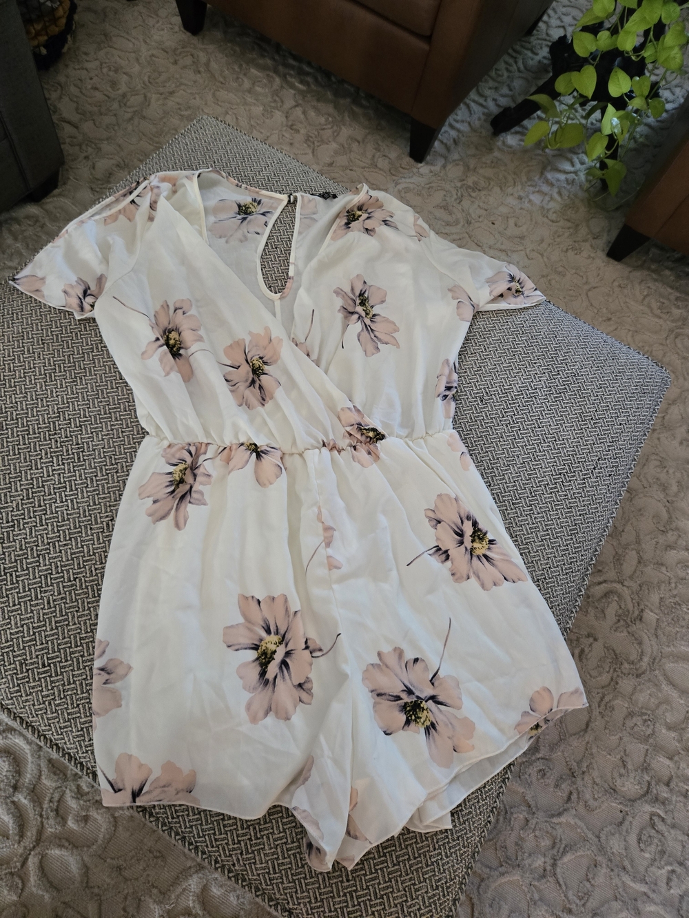 Charlotte Russe White Floral Wrap Romper with Pink Accents